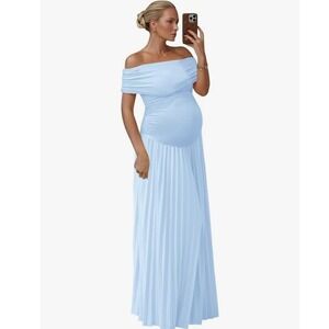 Fivsole Maternity Off Shoulder Pleated Gown Sky Blue Photography Dress
